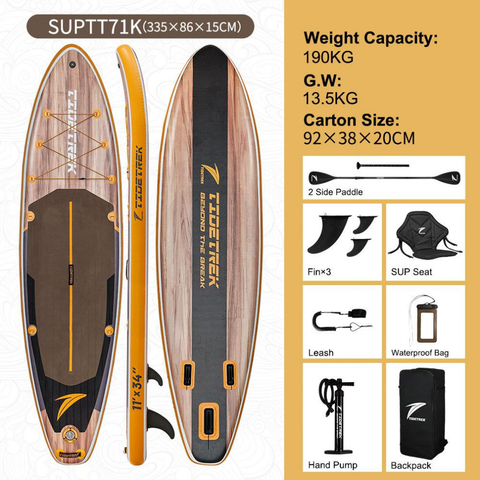 Сапборд TIDETREK SUPTT71K (335*86*15) коричневое дерево с сиденьем и двойным веслом, код 78940