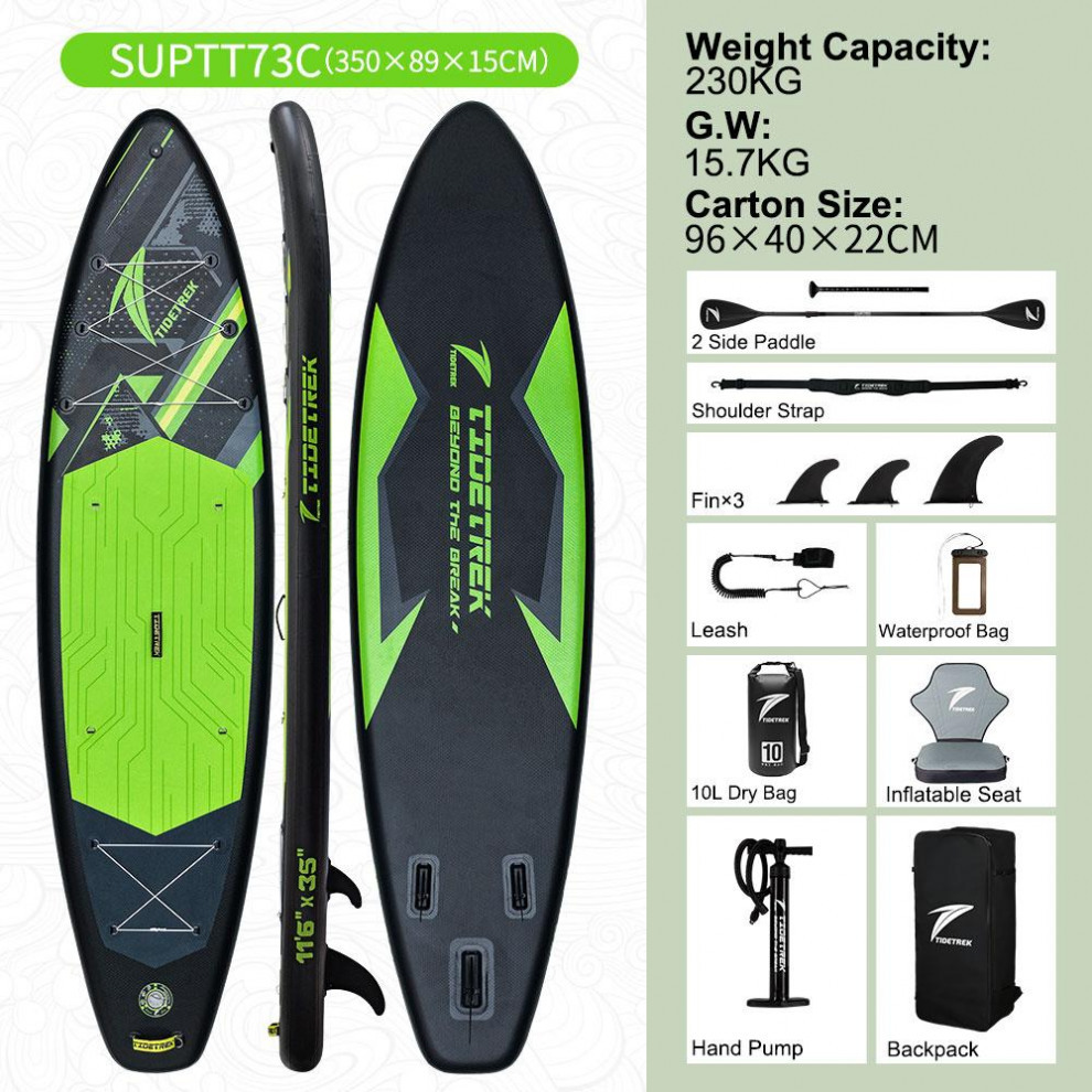 Сапборд TIDETREK SUPTT73C (350*89*15) черно-зелёный с сиденьем и двойным веслом, код 78947