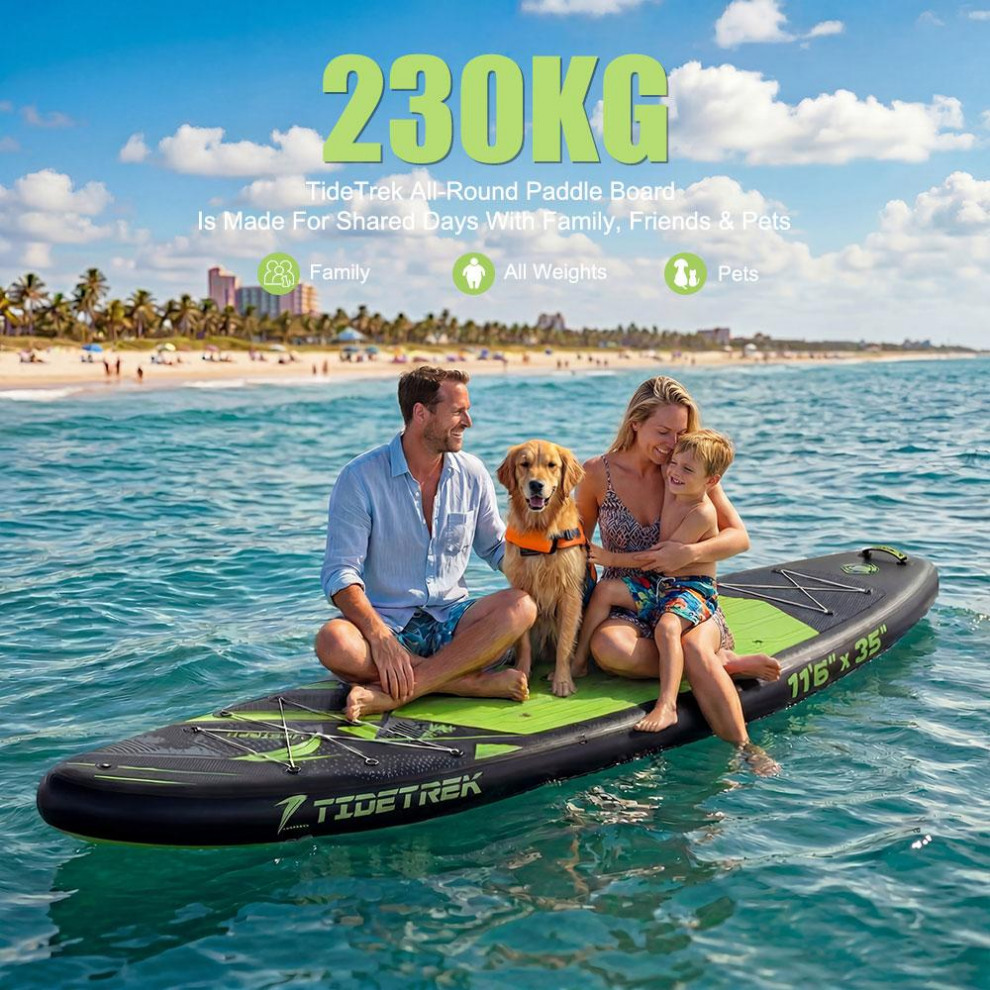 Сапборд TIDETREK SUPTT73C (350*89*15) черно-зелёный с сиденьем и двойным веслом, код 78947