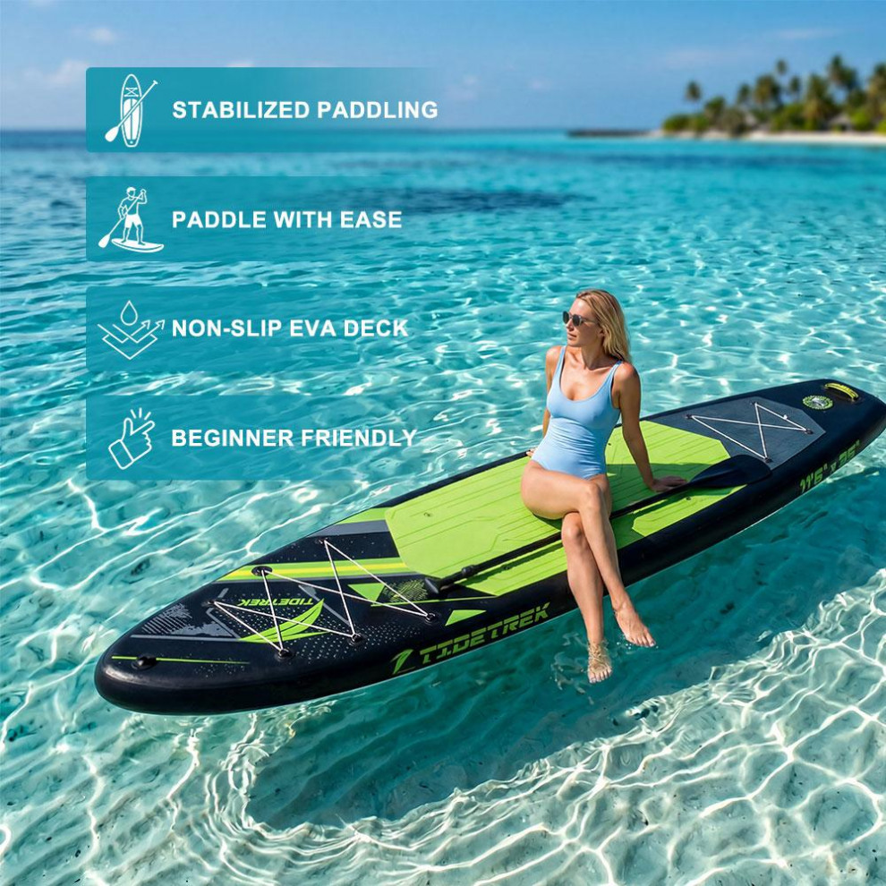 Сапборд TIDETREK SUPTT73C (350*89*15) черно-зелёный с сиденьем и двойным веслом, код 78947