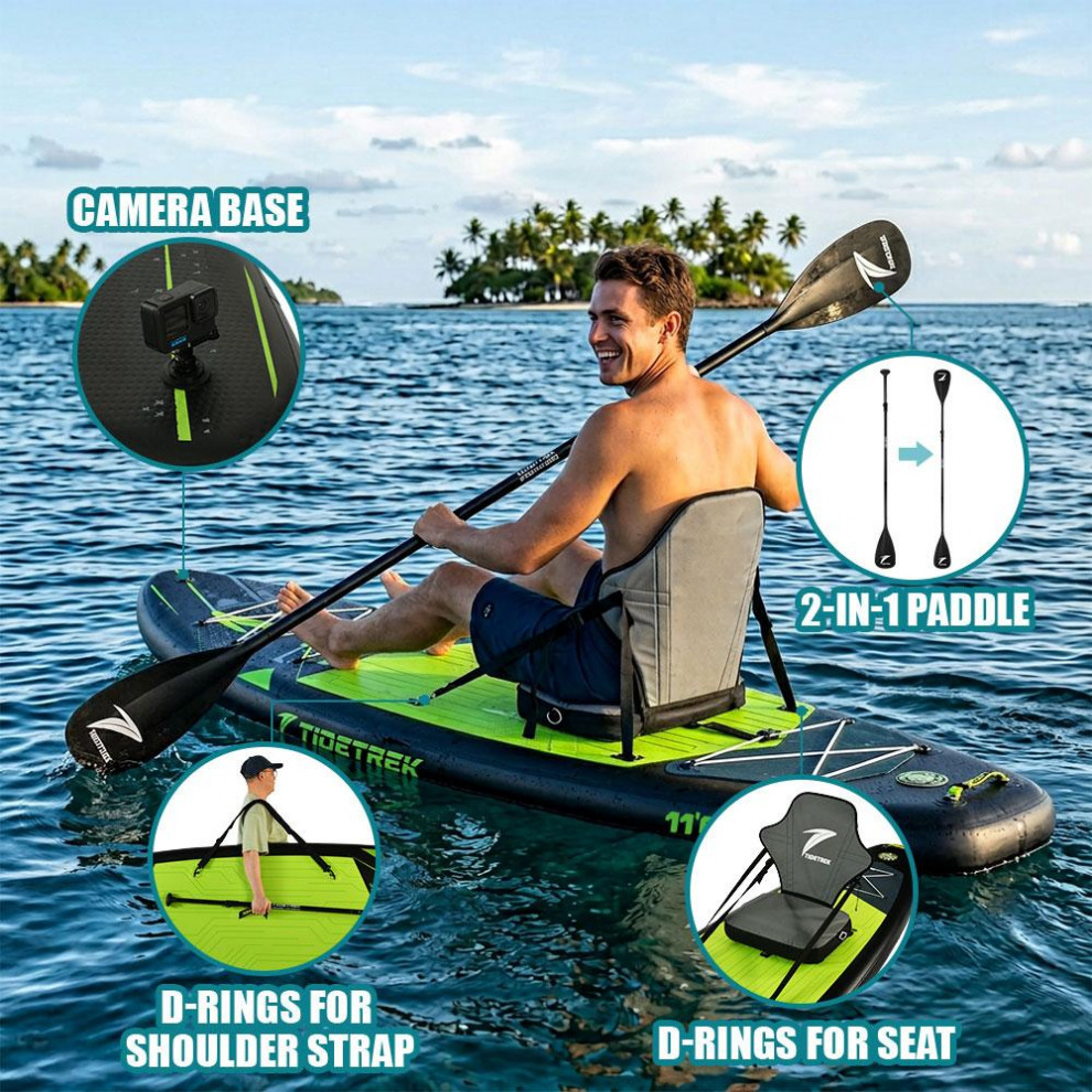 Сапборд TIDETREK SUPTT73C (350*89*15) черно-зелёный с сиденьем и двойным веслом, код 78947
